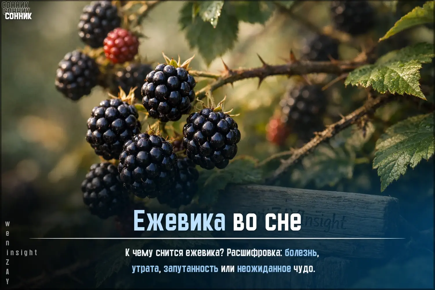 Тёмные спелые ягоды ежевики на фоне колючих ветвей в утреннем тумане — метафора сладости, скрытой за болью, и выбора между терпением и спешкой.