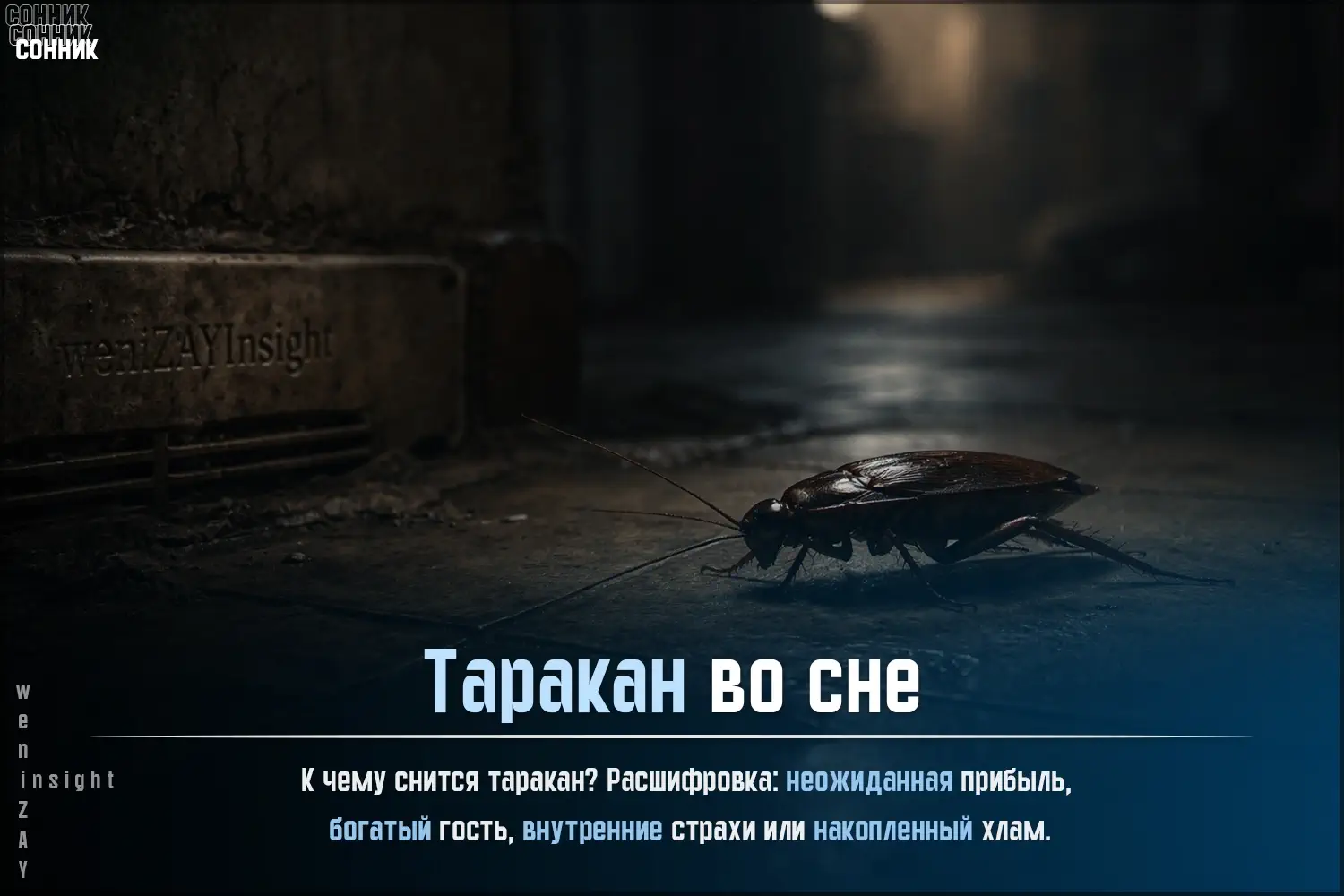 Один таракан на фоне тёплого деревянного пола при свете лампы — метафора неожиданного гостя, который принесёт не только беспокойство, но и нечто ценное.