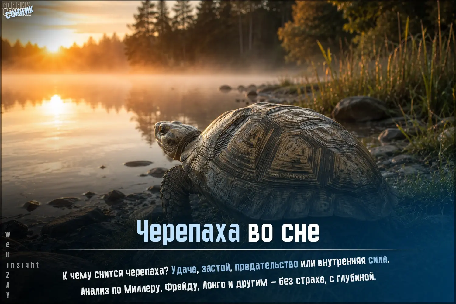 Черепаха на берегу озера при рассвете — метафора мудрости, которая требует времени, но не остановки.