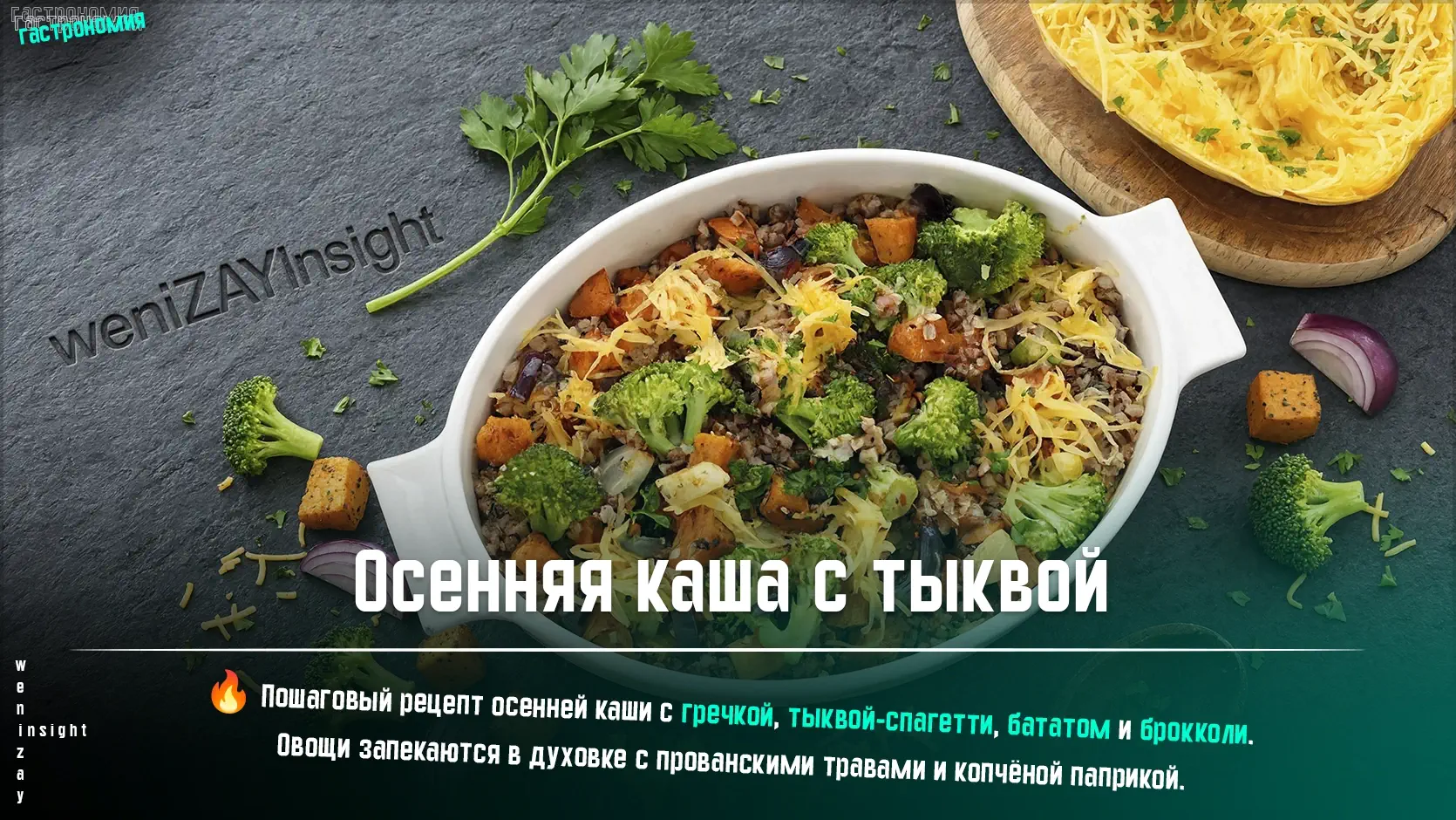 Осенняя гречка с запечённой тыквой-спагетти и овощами Тёплая гречка с запечённой тыквой-спагетти, бататом, брокколи и красным луком в миске