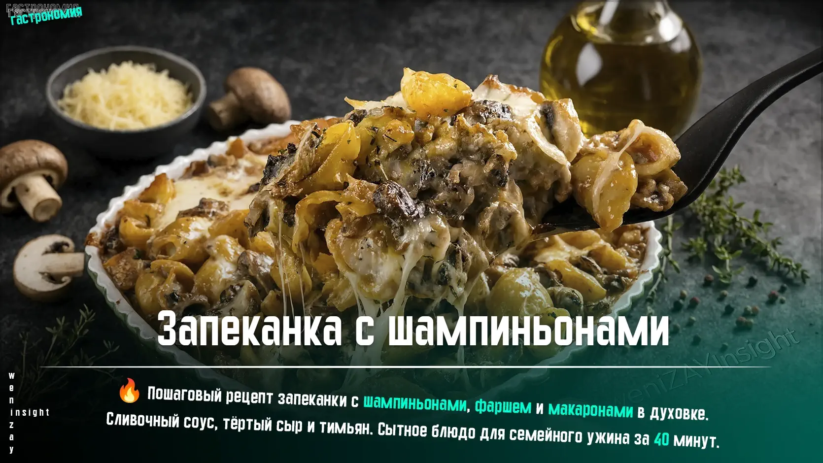 Сытная запеканка с шампиньонами и фаршем в духовке Запеканка с шампиньонами, фаршем, макаронами и тёртым сыром в форме для запекания