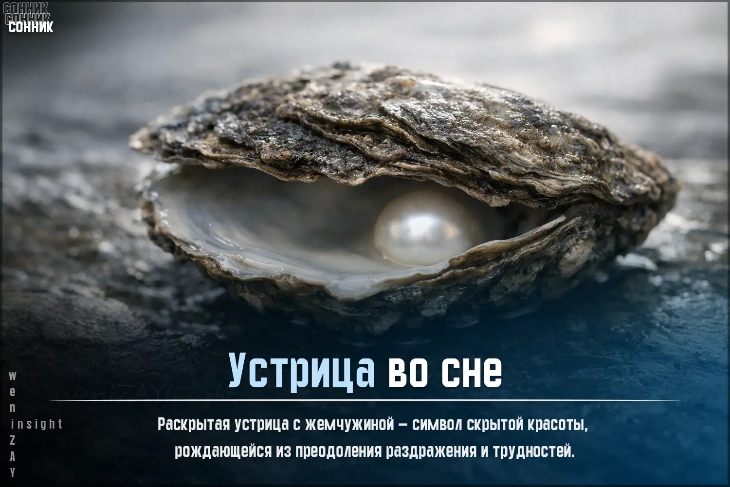 Раскрытая устрица с жемчужиной — символ скрытой красоты, рождающейся из преодоления раздражения и трудностей.