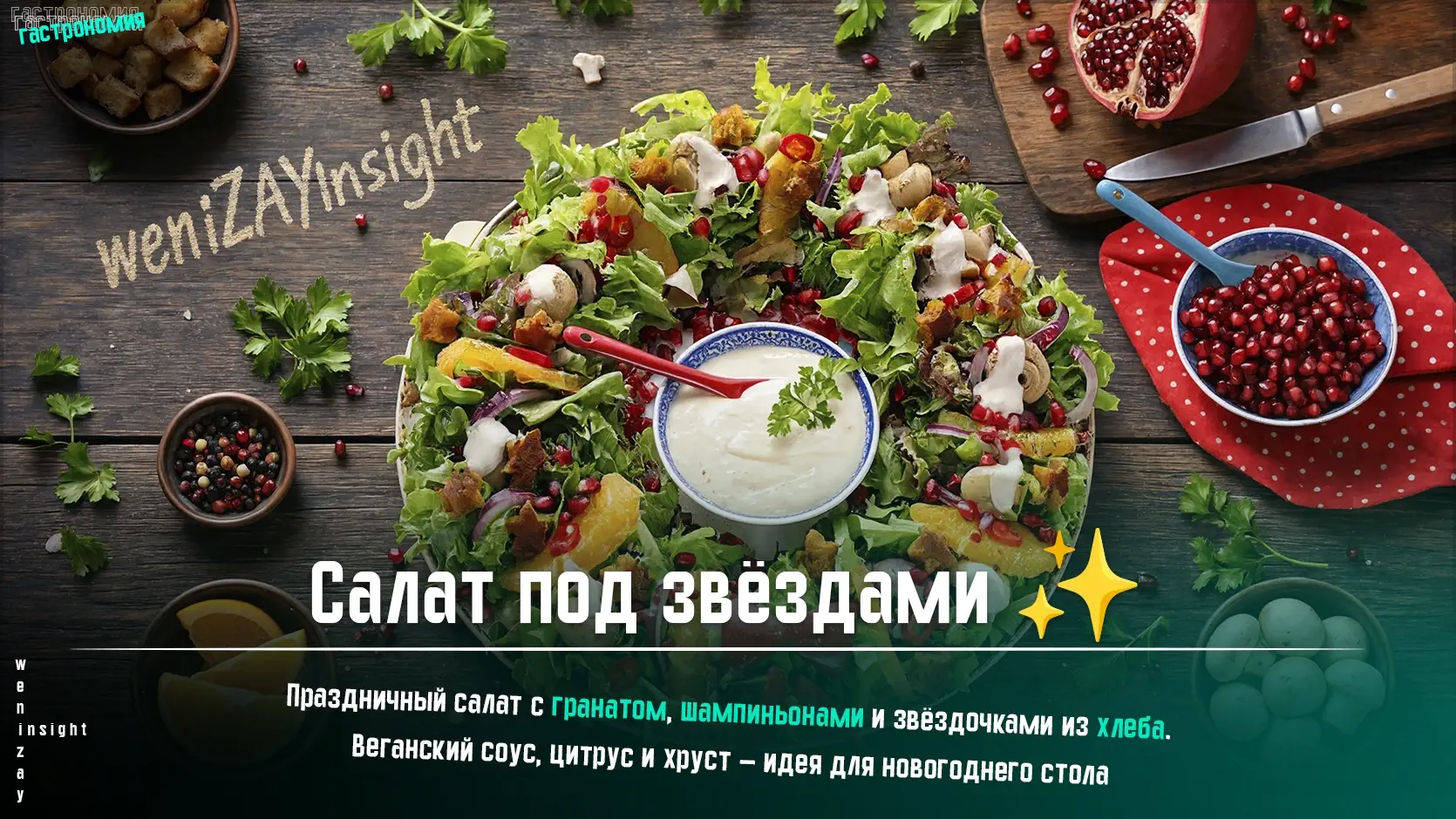 Рецепт новогоднего салата с гранатом, маринованными шампиньонами и звёздочками из хлеба
