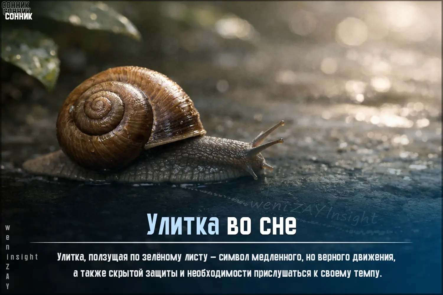 Улитка, ползущая по зелёному листу — символ медленного, но верного движения, а также скрытой защиты и необходимости прислушаться к своему темпу.