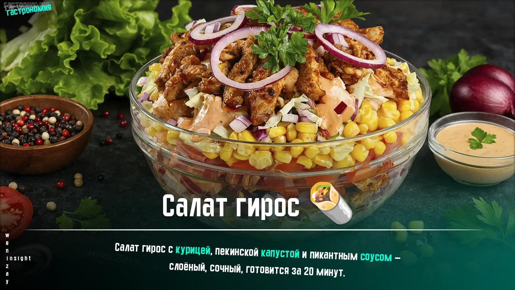 Рецепт слоёного салата гирос с курицей, овощами и чесночно-томатным соусом