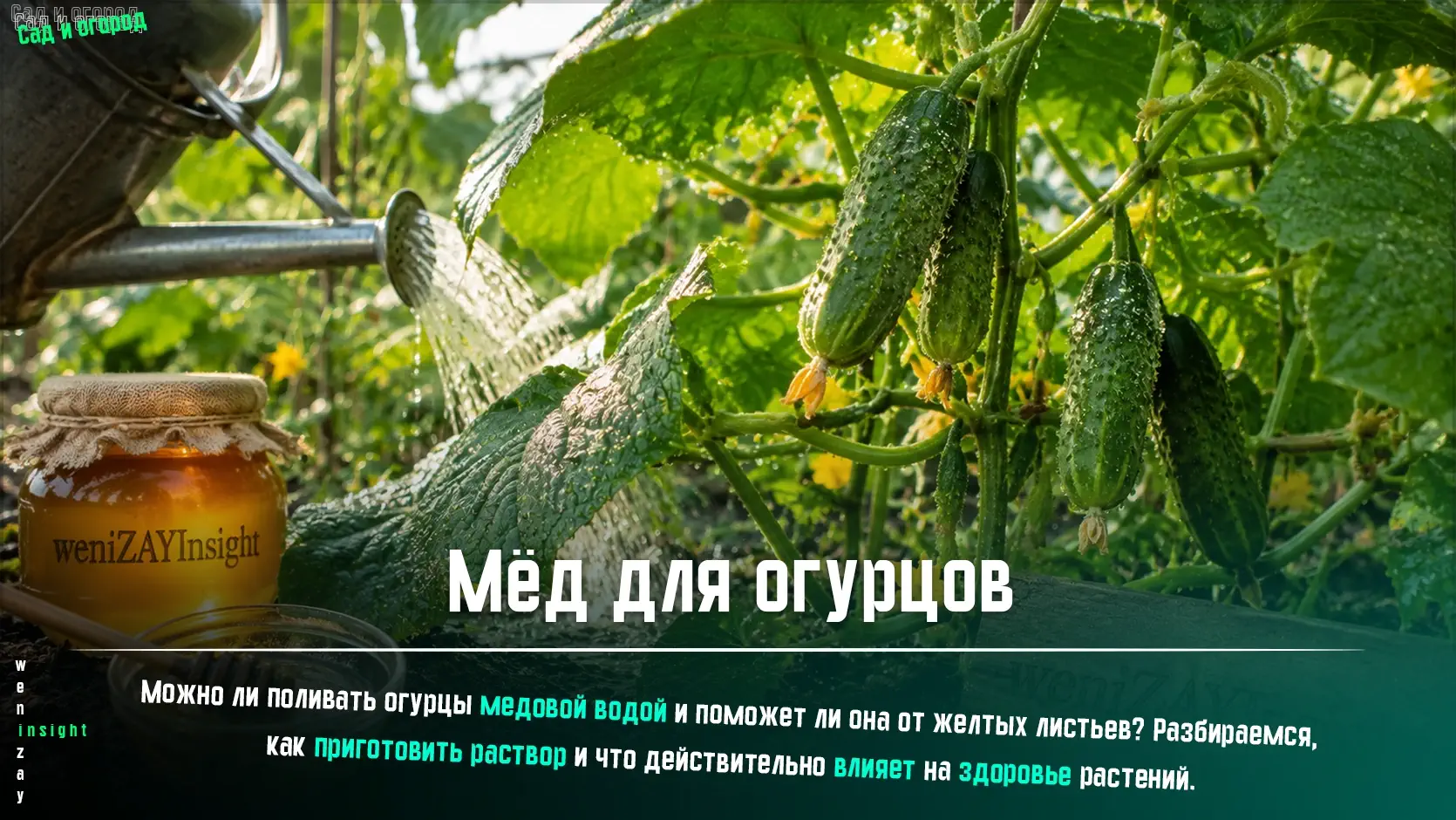 Здоровые кусты огурцов с зелёными листьями и молодыми завязями после полива медовым раствором