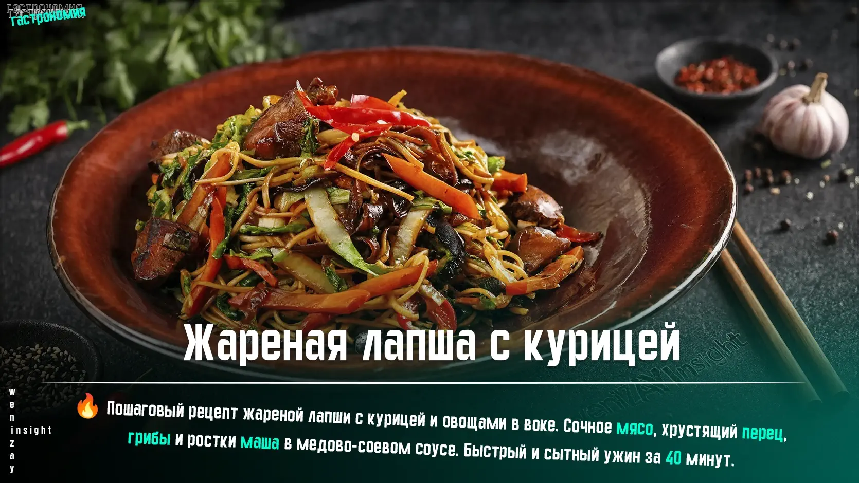 Жареная яичная лапша с кусочками курицы, болгарским перцем, морковью и грибами в сковороде вок