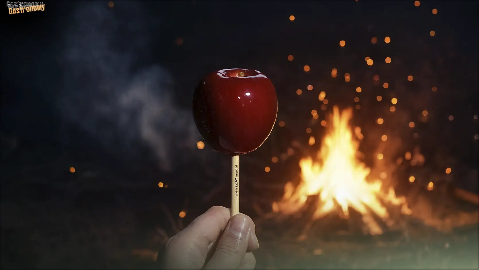 A glowing toffee apple held in a bare hand against a dark November sky