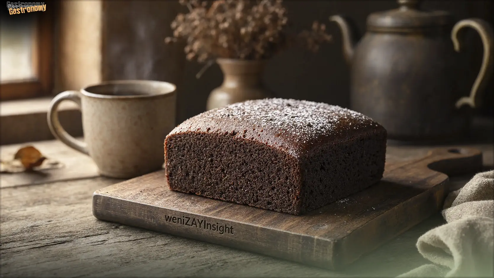 A square of dark, sticky parkin dusted with flour on a wooden board