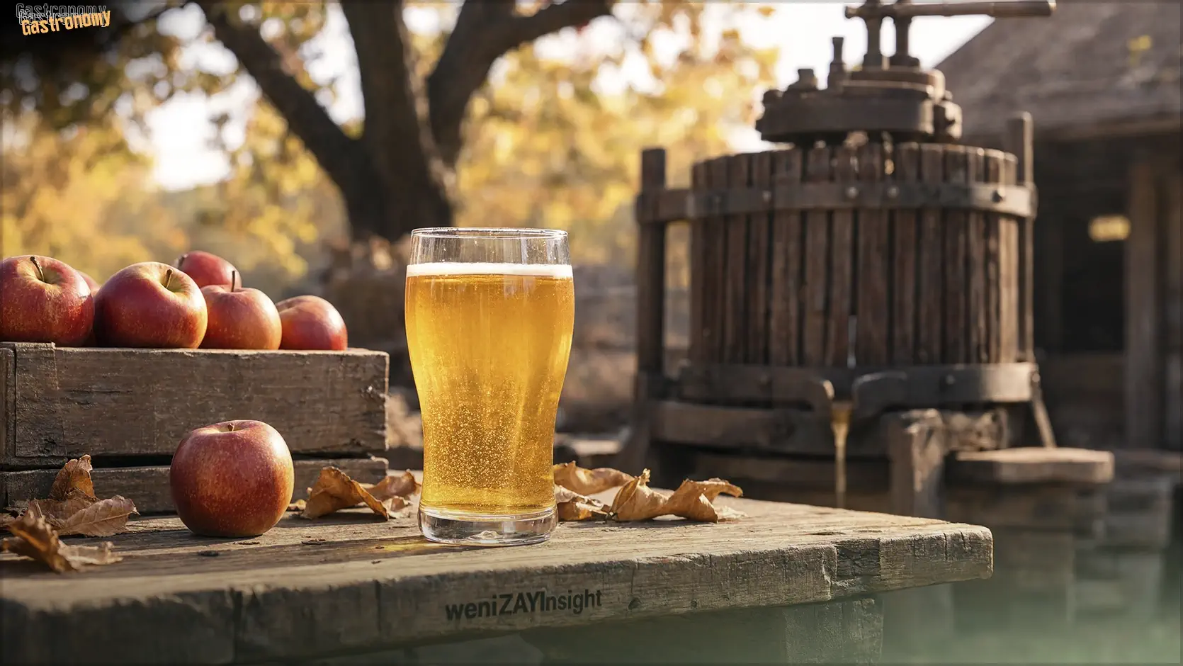 The Orchard Refuses to Forget A glass of golden cider on a rustic wooden table, an apple press visible in the background