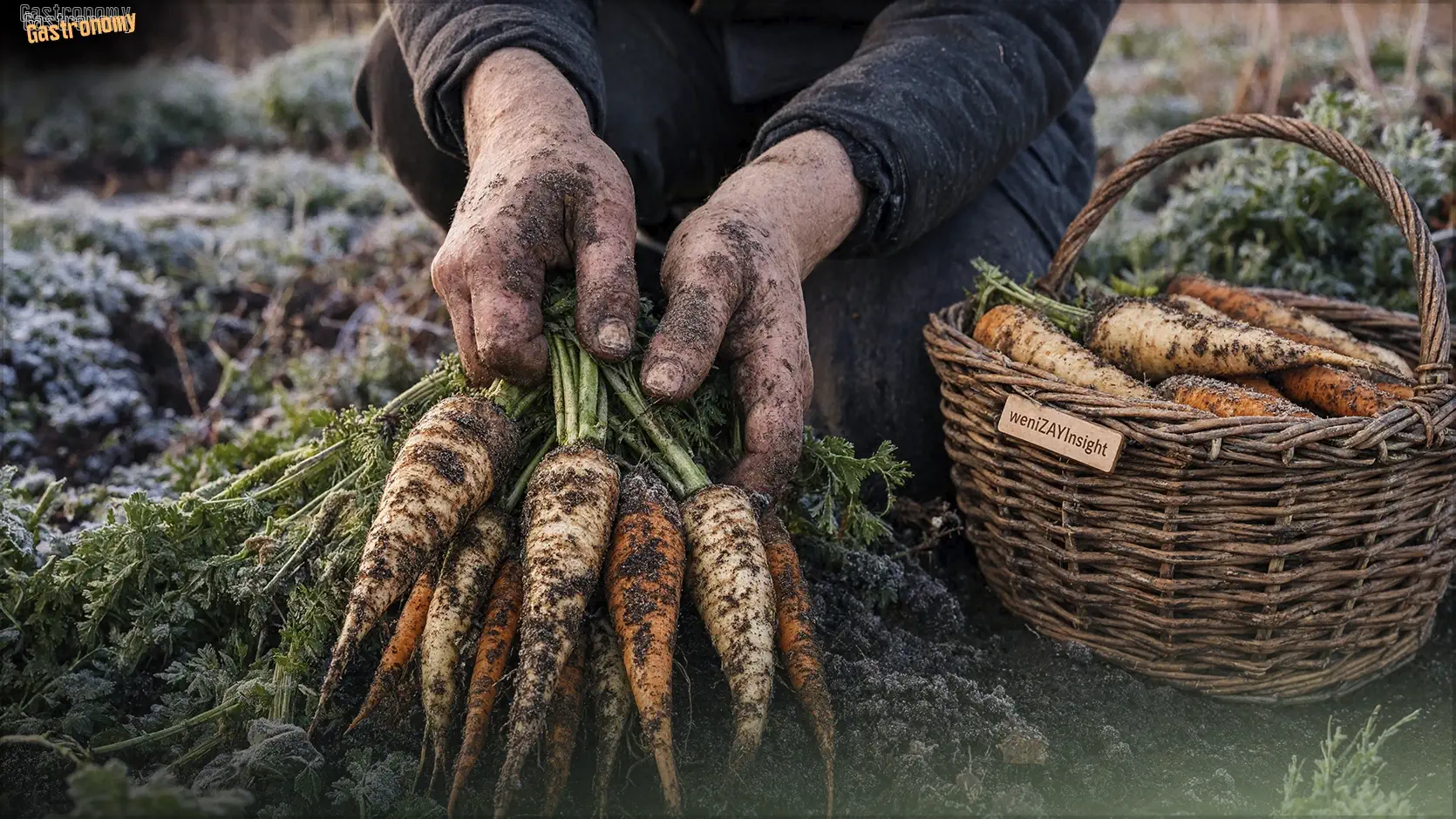 What the Dark Earth Teaches Muddy hands pulling a cluster of parsnips and carrots from dark autumn soil, frost on the ground, a wicker basket half-filled beside them.