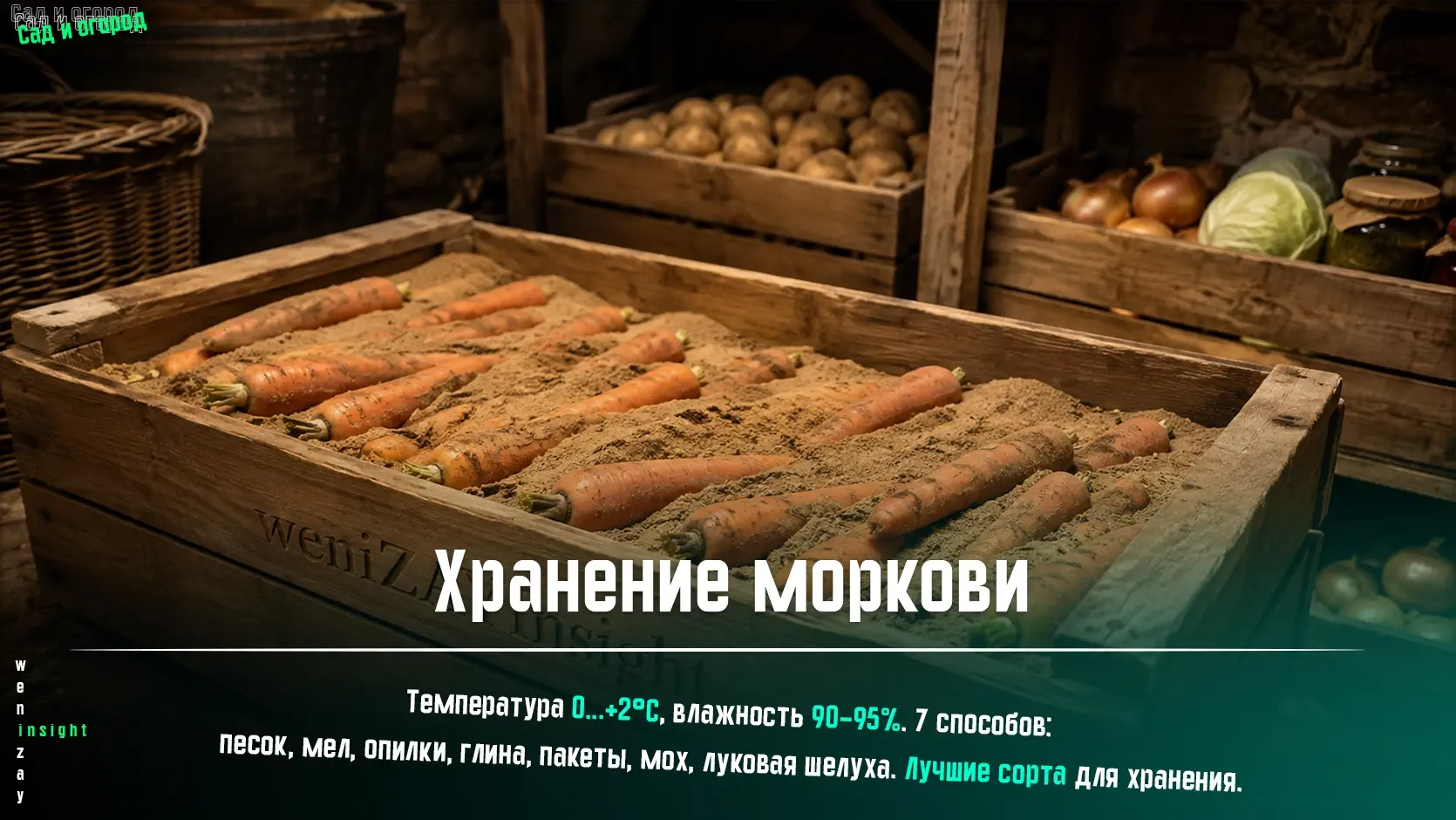 Морковь в деревянных ящиках с песком на хранении в погребе