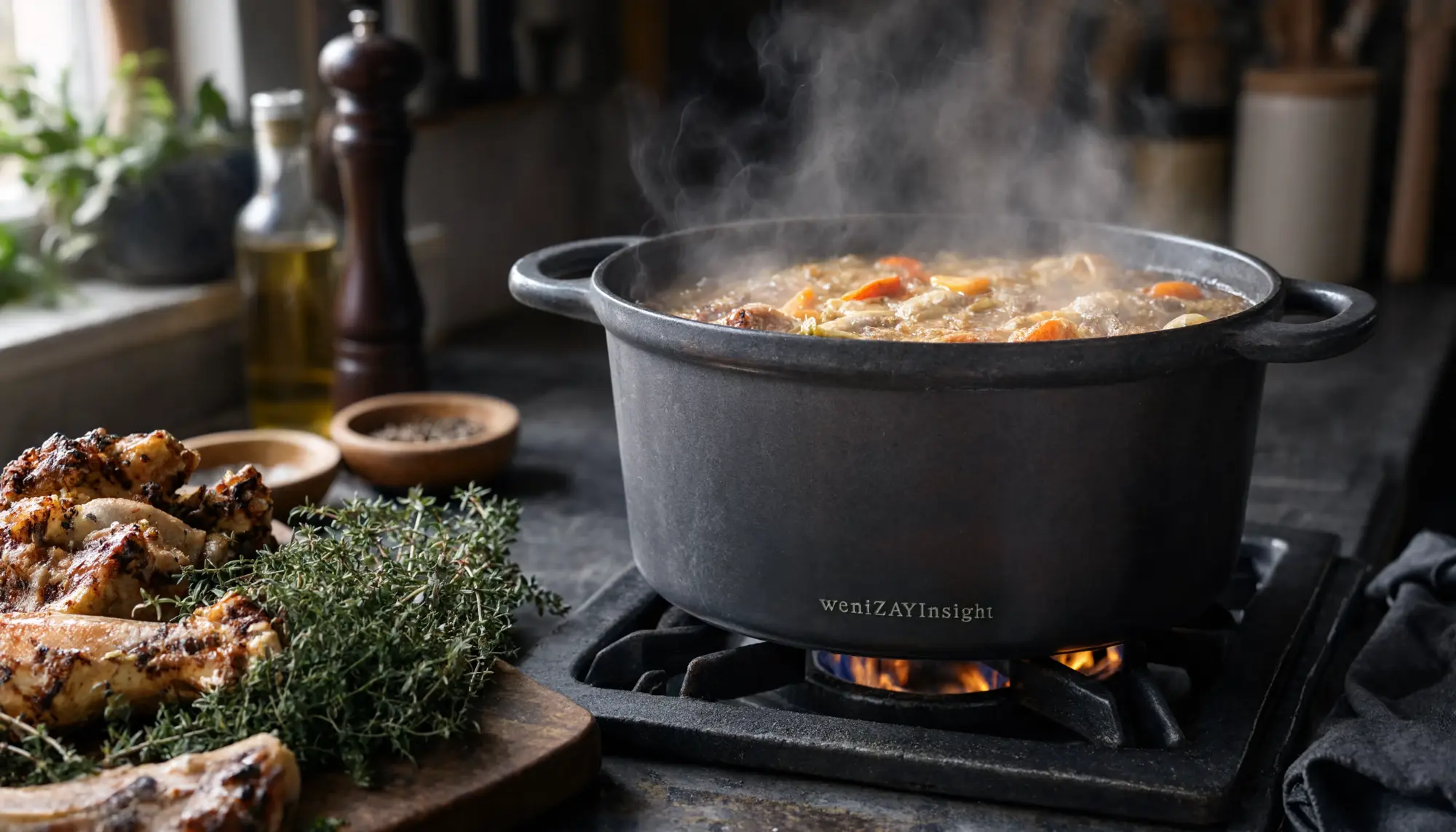 A heavy enamel stockpot on a low flame, steam rising, roasted bones and thyme sprigs on a dark kitchen counter.