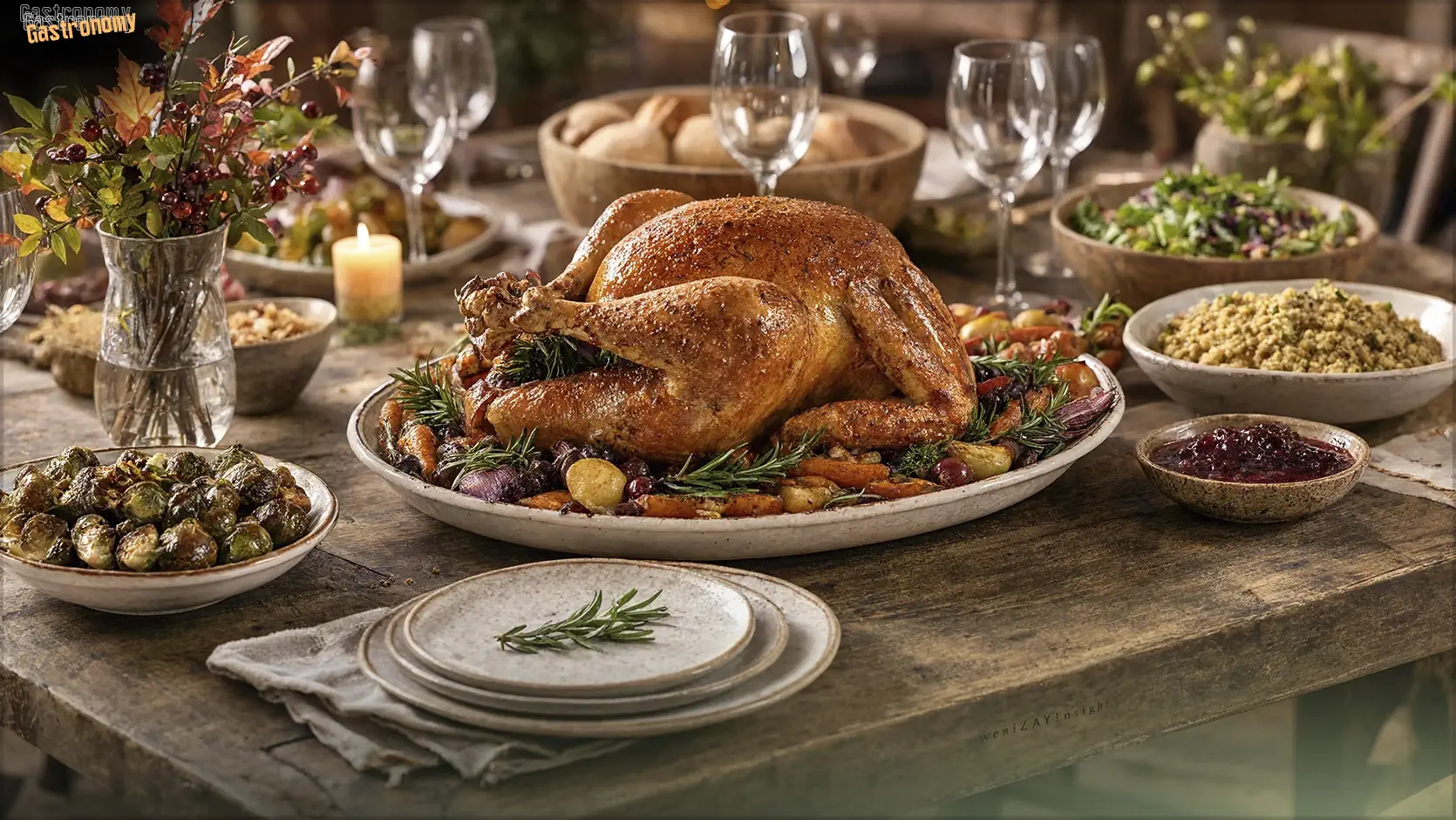 A golden roast chicken on a ceramic platter surrounded by roasted root vegetables, rosemary sprigs, and mismatched plates at a long table.