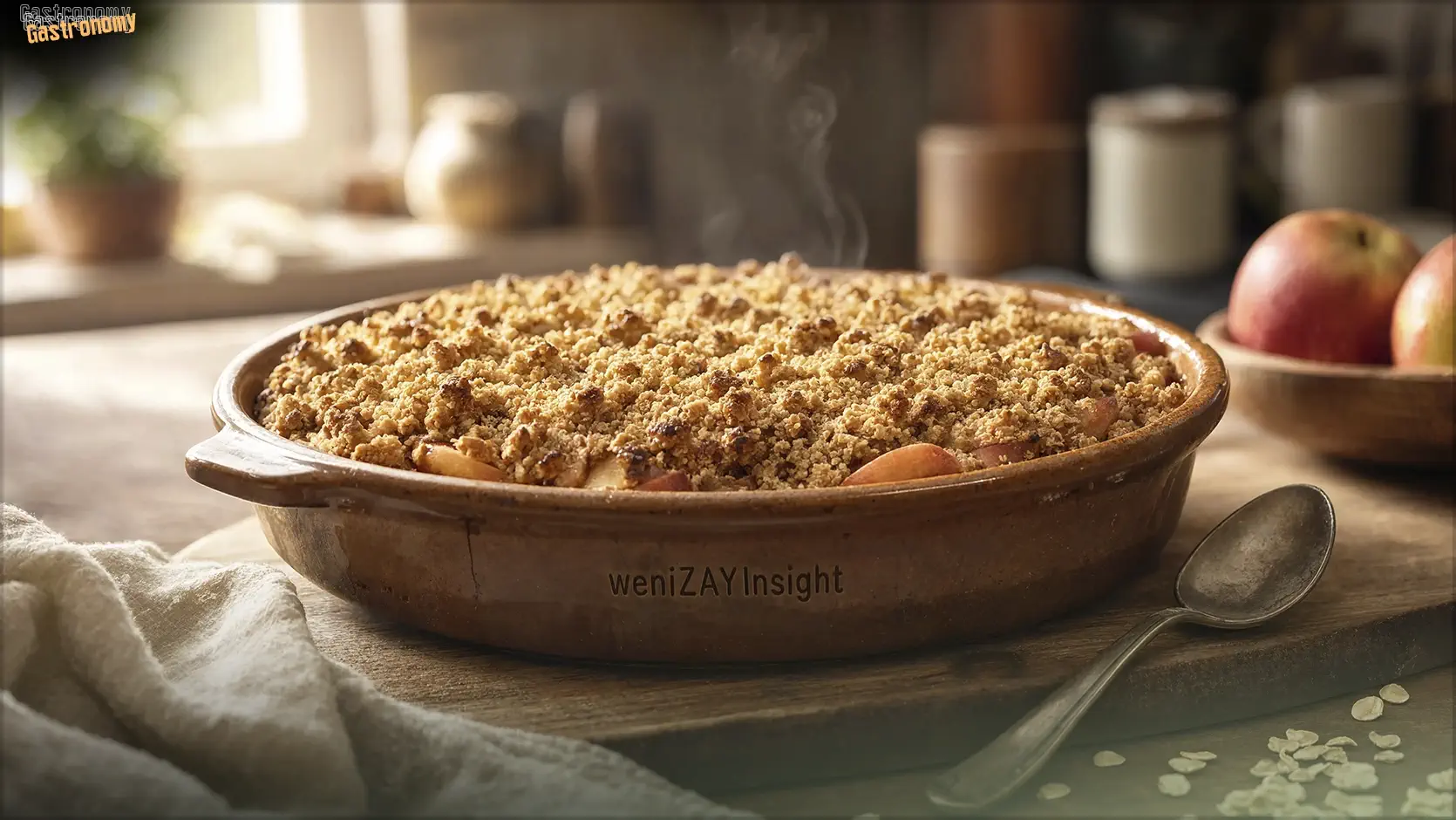 A rustic apple crumble in a ceramic baking dish, golden topping slightly uneven, steam rising, a spoon resting beside it, kitchen table setting.