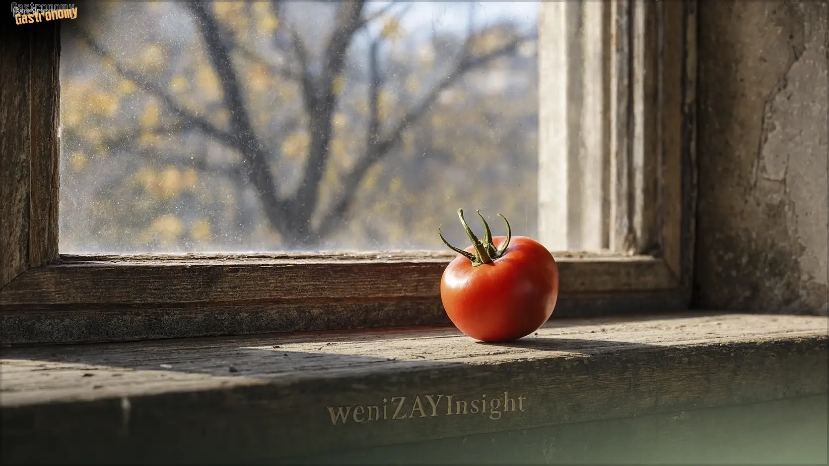 One Last Bite of Summer A single ripe red tomato on a weathered windowsill, autumn light through glass, a bare vine visible outside.
