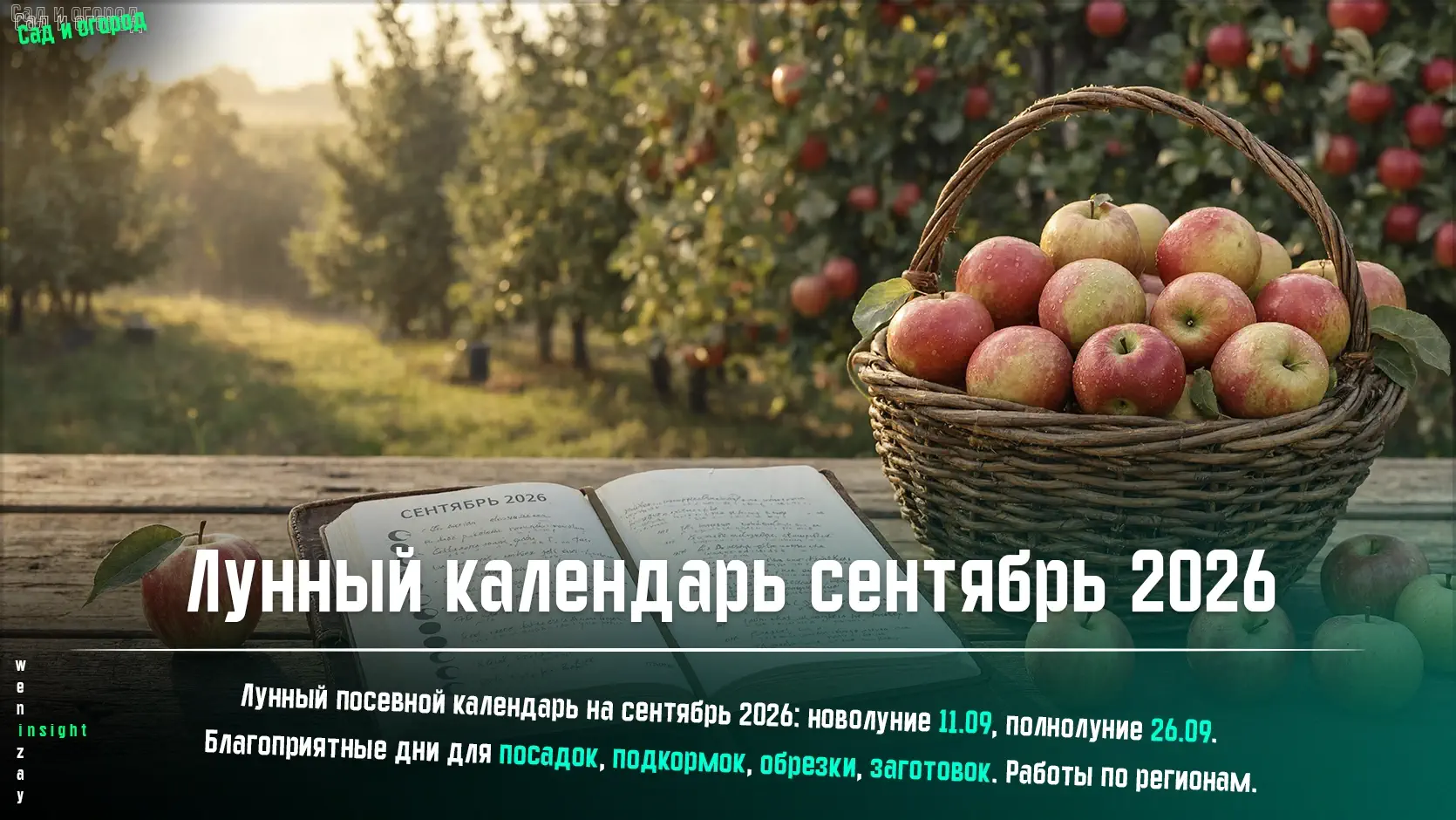 Осенний сад с урожаем яблок и календарь садовода на сентябрь 2026 года с фазами луны